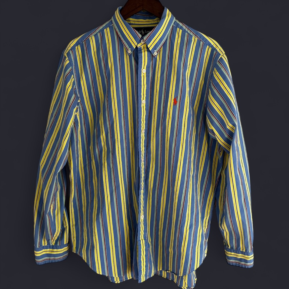 Ralph Lauren Multicolor Blue Yellow Striped Men's Shirt 100% Cotton Lg Classic